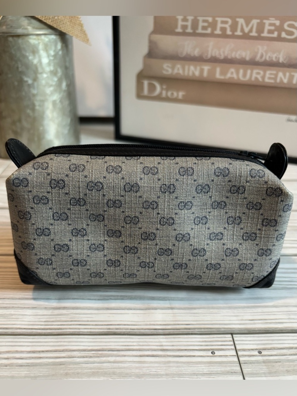 Gucci Navy Blue Vintage Micro GG Canvas Cosmetic Pouch Bag with COA
